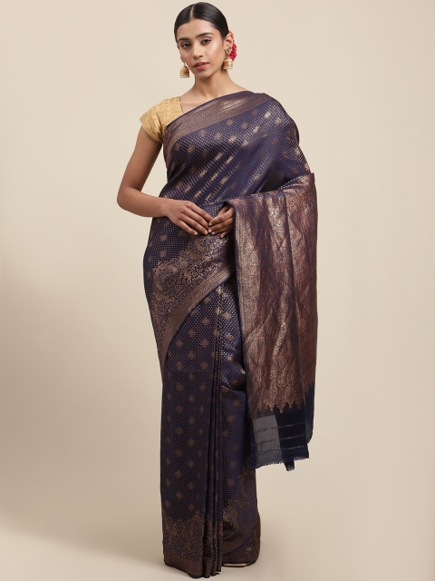 

Meena Bazaar Navy Blue & Gold-Coloured Ethnic Motifs Pure Crepe Banarasi Saree