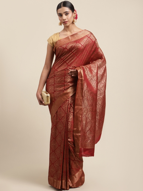 

Meena Bazaar Maroon & Gold-Coloured Ethnic Motifs Pure Crepe Banarasi Saree