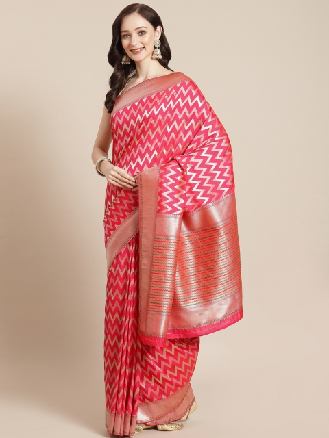 

Meena Bazaar Fuchsia & Gold-Toned Geometric Woven Design Silk Blend Banarasi Saree
