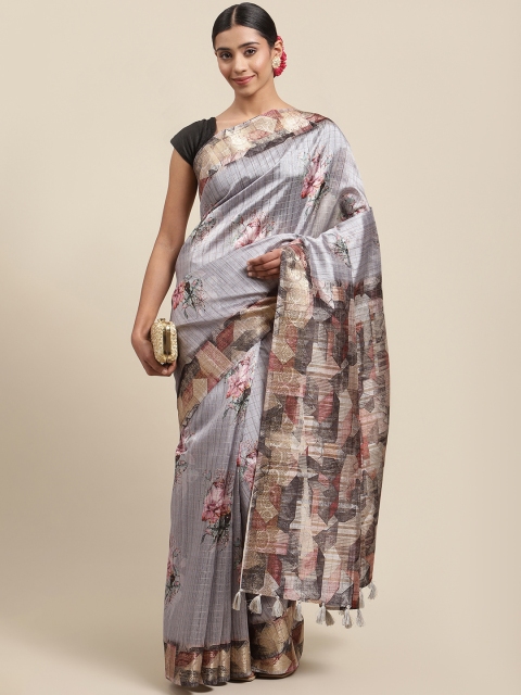 

Meena Bazaar Grey & Pink Floral Silk Blend Banarasi Saree