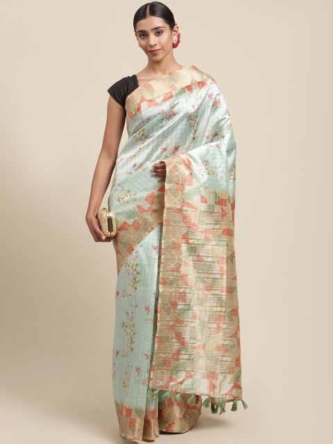 

Meena Bazaar Sea Green & Gold-Coloured Floral Silk Blend Banarasi Saree
