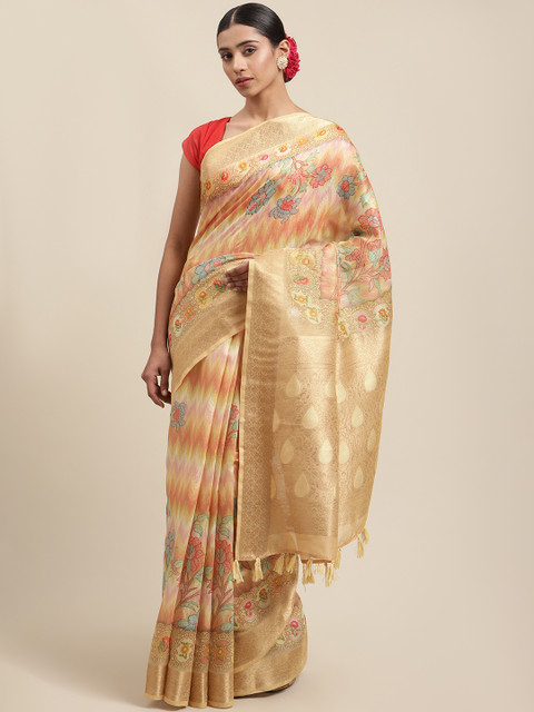 

Meena Bazaar Multicoloured Ethnic Motifs Cotton Blend Chanderi Saree, Multi