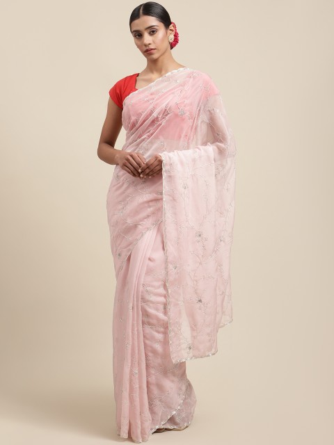 

Meena Bazaar Pink Ethnic Motifs Beads and Stones Organza Heavy Work Saree