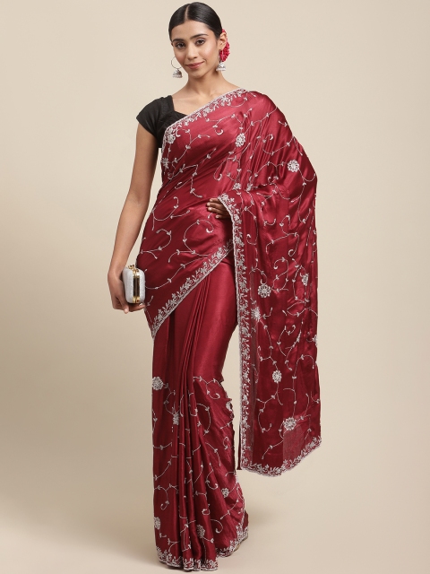 

Meena Bazaar Red Embellished Beads and Stones Pure Crepe Heavy Work Saree