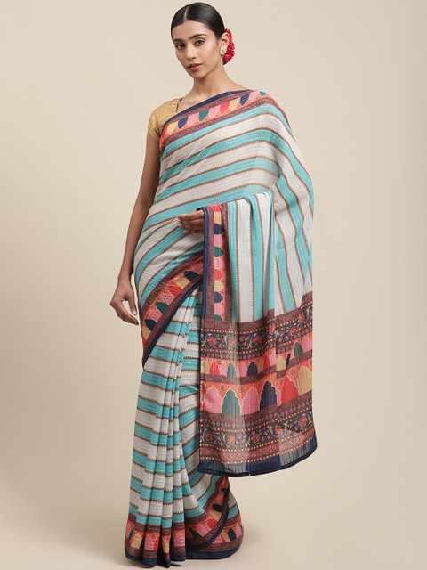 

Meena Bazaar Turquoise Blue & Beige Striped Sequinned Poly Georgette Saree