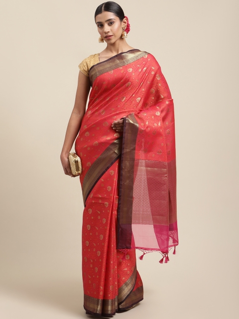 

Meena Bazaar Fuchsia Pink & Gold-Coloured Ethnic Motifs Zari Cotton Blend Banarasi Saree