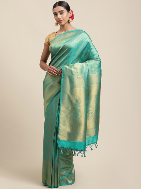 

Meena Bazaar Turquoise Blue & Gold-Coloured Woven Design Silk Blend Saree