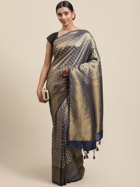 

Meena Bazaar Navy Blue & Gold-Coloured Ethnic Motifs Silk Blend Banarasi Saree