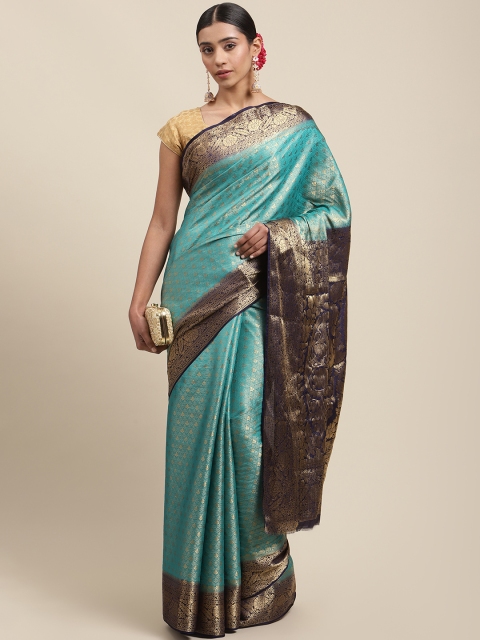 

Meena Bazaar Turquoise Blue & Gold-Coloured Ethnic Motifs Zari Silk Blend Saree