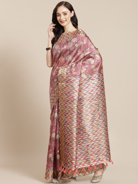 

Meena Bazaar Pink Floral Silk Blend Banarasi Saree