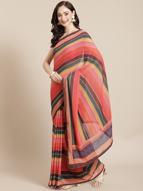 

Meena Bazaar Coral & Pink Striped Sequinned Saree