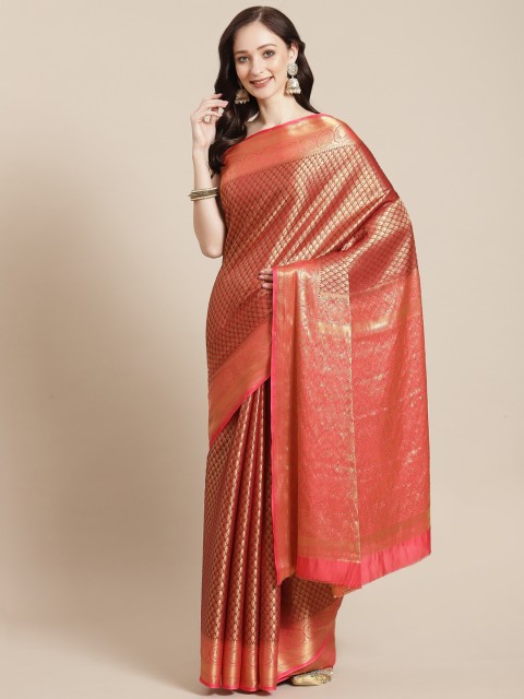 

Meena Bazaar Coral & Gold-Toned Ethnic Motifs Silk Blend Saree