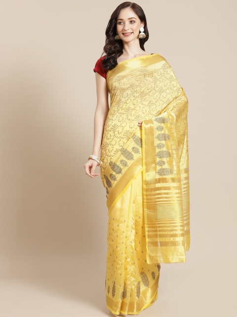 

Meena Bazaar Yellow & Golden Ethnic Motifs Silk Blend Banarasi Saree
