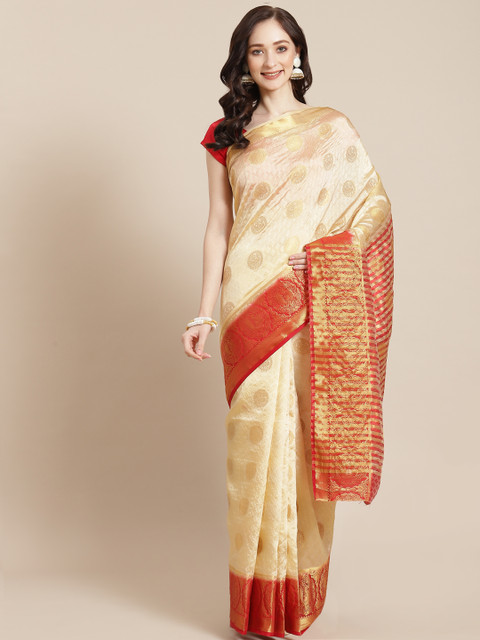 

Meena Bazaar Beige & Red Ethnic Motifs Silk Blend Saree