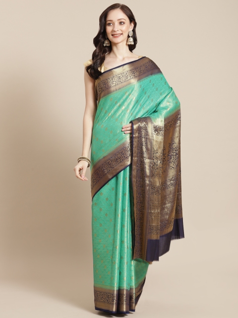 

Meena Bazaar Green & Golden Ethnic Motifs Silk Blend Saree