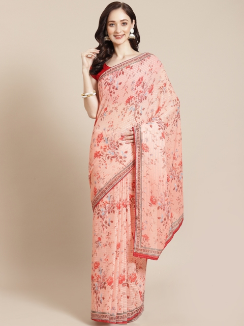 

Meena Bazaar Peach-Coloured Floral Sequinned Saree