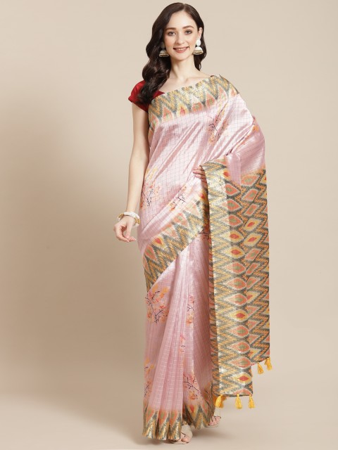 

Meena Bazaar Pink & Mustard Yellow Floral Silk Blend Banarasi Saree