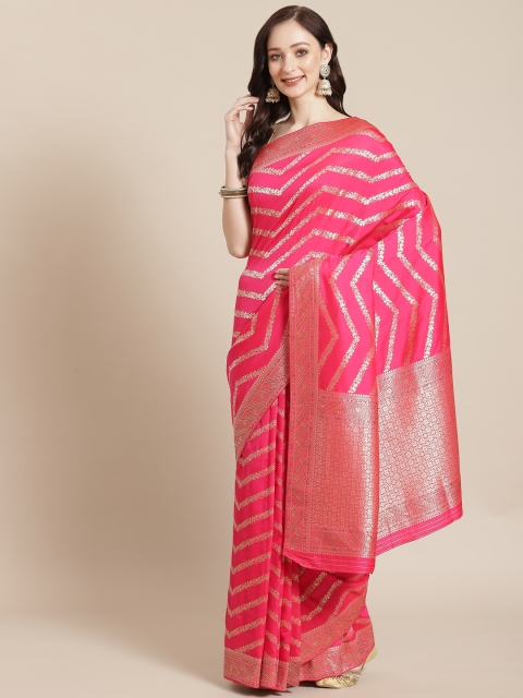 

Meena Bazaar Fuchsia & Gold-Toned Ethnic Motifs Silk Blend Banarasi Saree