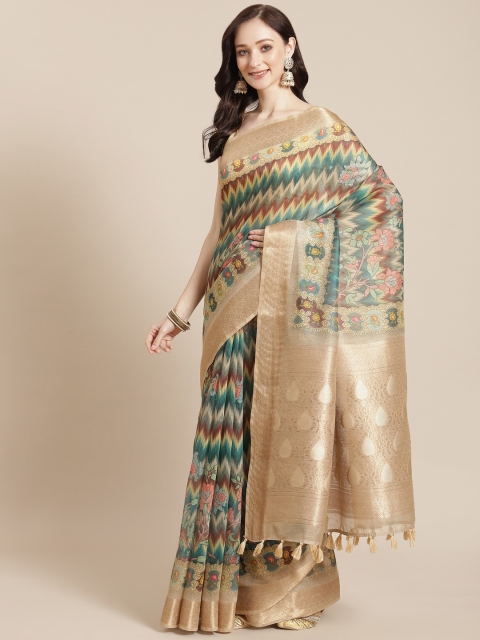 

Meena Bazaar Beige & Green Ethnic Motifs Chanderi Saree