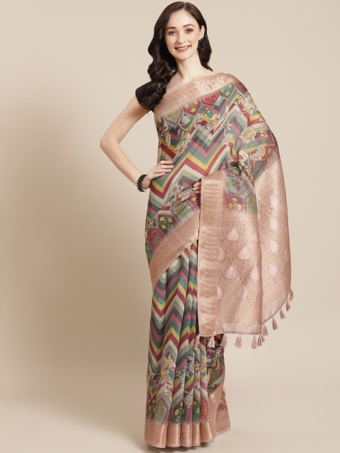 

Meena Bazaar Peach-Coloured & Red Printed Chanderi Saree