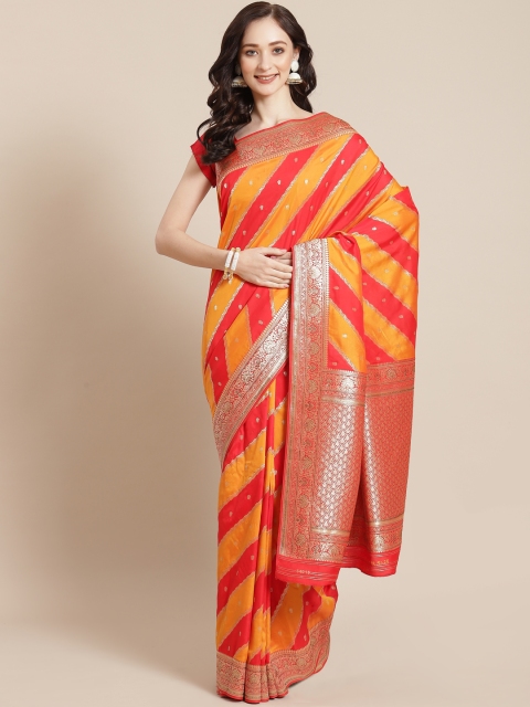 

Meena Bazaar Red & Yellow Silk Blend Woven Design Zari Banarasi Saree