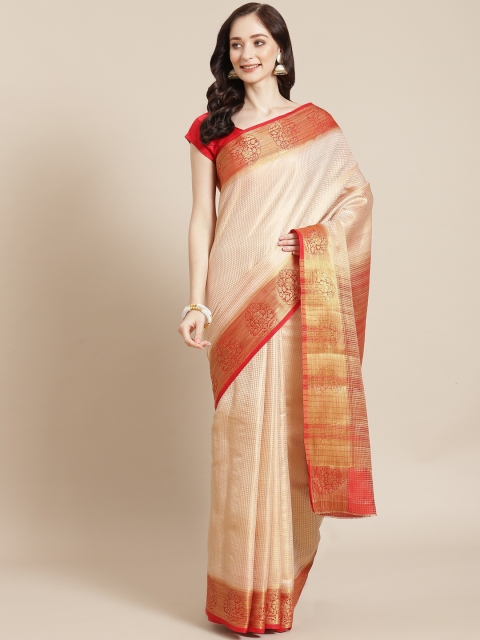 

Meena Bazaar Beige & Red Geometric Woven Design Zari Saree