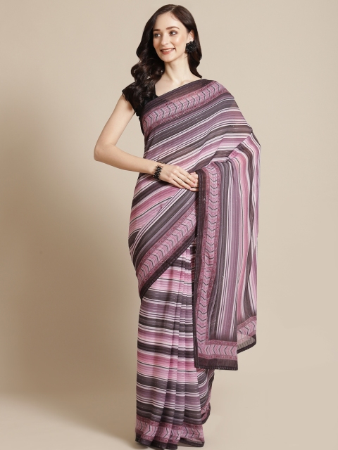 

Meena Bazaar Pink & Black Striped Sequinned Saree