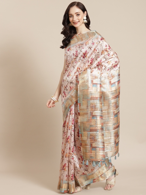 

Meena Bazaar Beige & Pink Floral Print Banarasi Saree