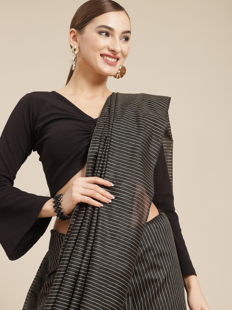 

BharatSthali Black & Beige Striped Silk Cotton Banarasi Saree