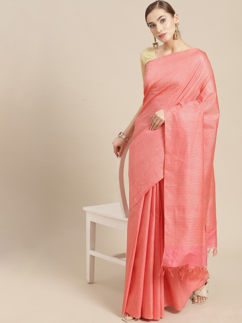 

BharatSthali Peach & Gold-Coloured Striped Silk Cotton Handloom Saree