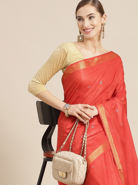 

BharatSthali Red & Gold-Coloured Woven Design Silk Cotton Handloom Banarasi Saree