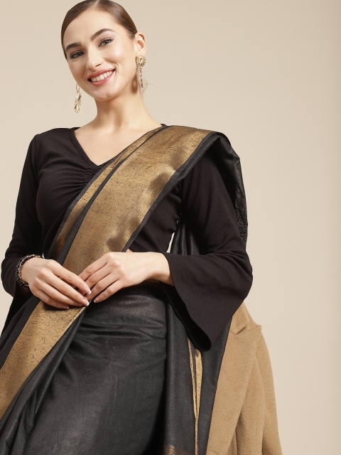 

BharatSthali Black & Gold-Toned Silk Cotton Handloom Maheshwari Saree