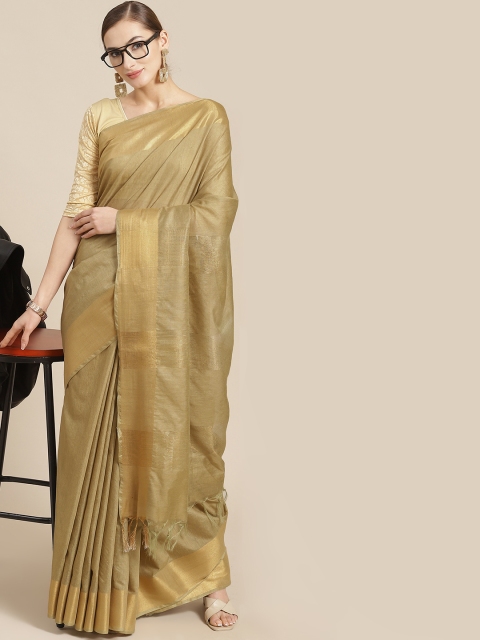 

BharatSthali Khaki & Gold-Toned Silk Cotton Handloom Maheshwari Saree