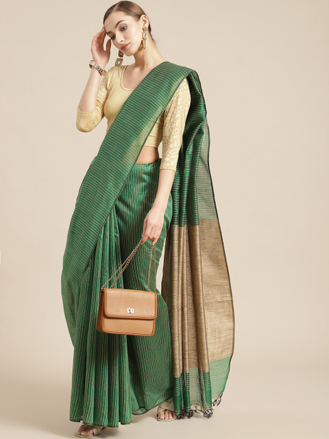 

BharatSthali Green & Beige Striped Silk Cotton Banarasi Saree