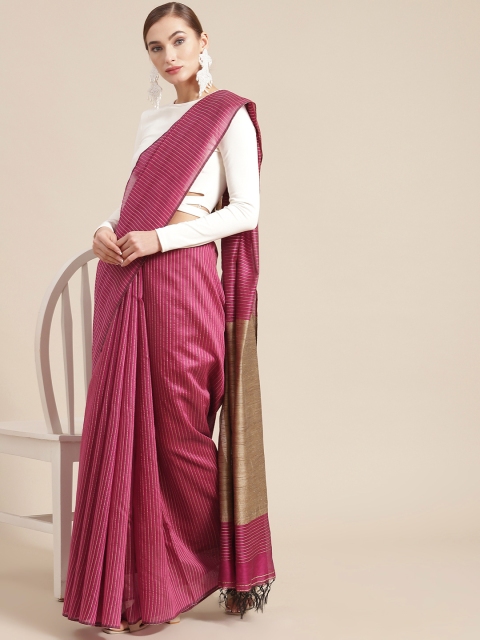 

BharatSthali Magenta & Beige Striped Silk Cotton Banarasi Saree