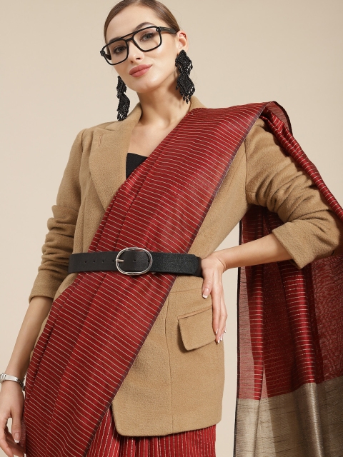 

BharatSthali Red & Beige Striped Silk Cotton Handloom Saree