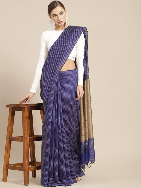 

BharatSthali Blue & Beige Striped Silk Cotton Banarasi Saree