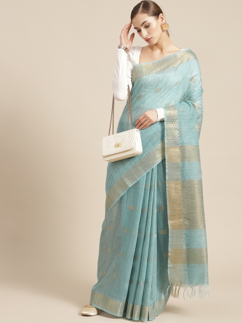 

BharatSthali Blue & Gold-Coloured Woven Design Silk Cotton Handloom Tussar Saree