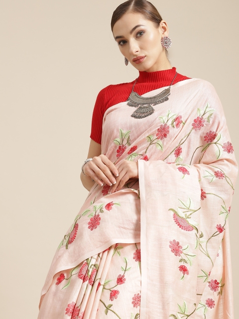 

BharatSthali Peach-Coloured & Red Embroidered Pure Cotton Handloom Mangalgiri Saree