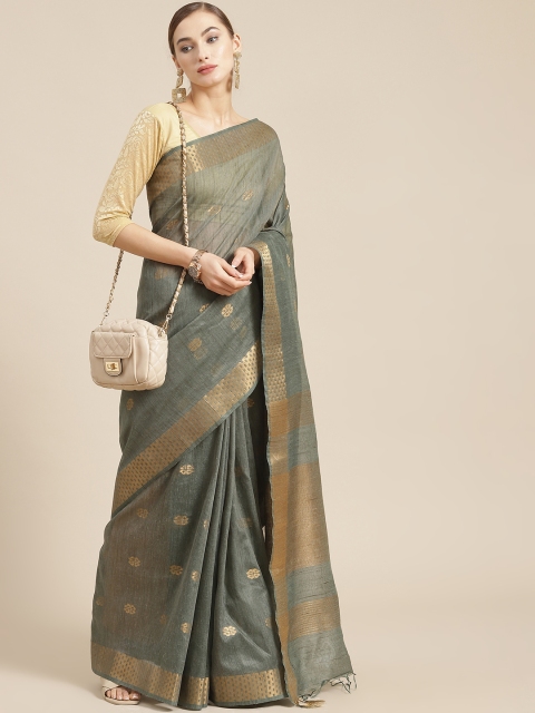 

BharatSthali Green & Gold-Toned Woven Design Silk Cotton Handloom Tussar Saree