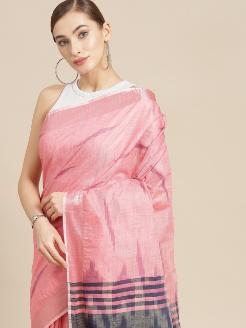 

BharatSthali Pink & Navy Blue Woven Design Pure Cotton Handloom Ikat Saree