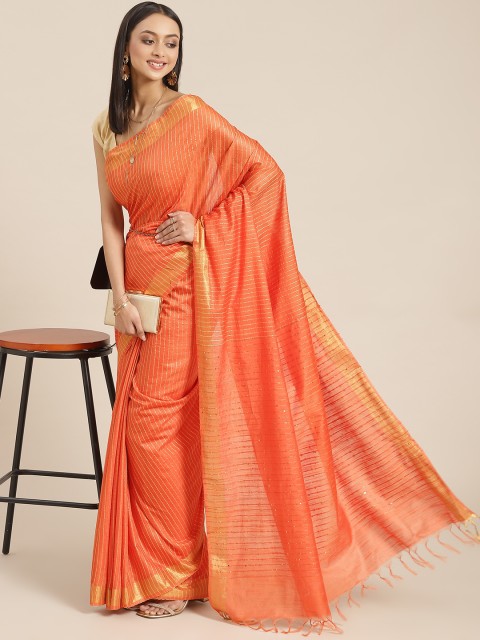 

BharatSthali Orange Striped Woven Design Saree with Woven design Border & Sequinned Pallu
