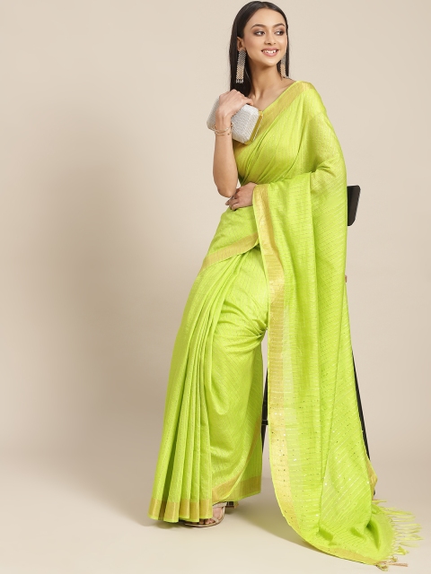 

BharatSthali Green Striped Woven Design Saree with Woven design Border & Sequinned Pallu