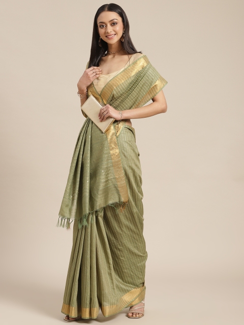 

BharatSthali Olive Green Woven Design Saree with Woven Design Border & Sequinned Pallu