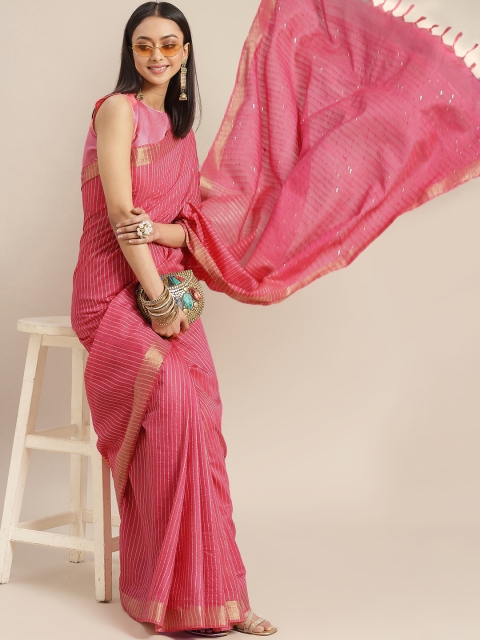

BharatSthali Pink Striped Woven Design Saree with Woven design Border and Sequinned Pallu