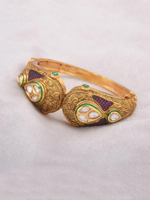

Tistabene Women Gold-Toned & Green Kundan Polki Stones Rhodium-Plated Kada Bracelet