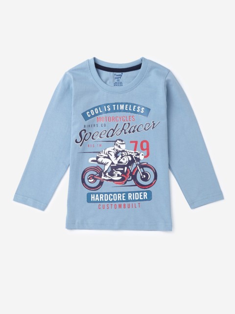 

Hopscotch Boys Blue Typography Printed Cotton Blend T-shirt