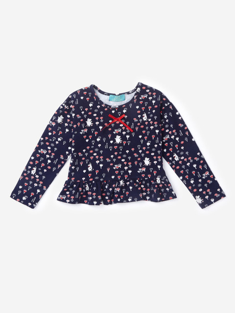 

Hopscotch Navy Blue & Red Floral Print Cinched Waist Cotton Blend Top