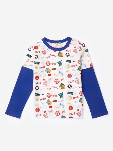 

Hopscotch Boys White & Blue Printed Pure Cotton T-shirt