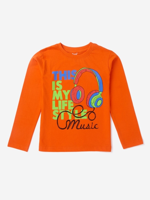 

Hopscotch Boys Orange Typography Printed Pure Cotton T-shirt